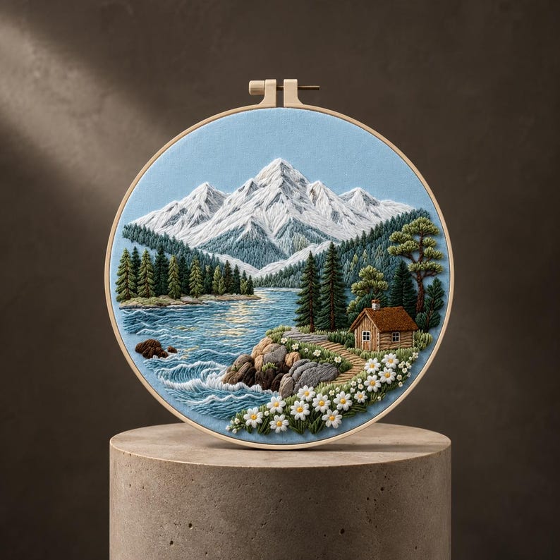 Mountain lake cabin embroidery kit close-up