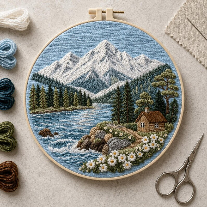Mountain lake cabin embroidery kit hoop display