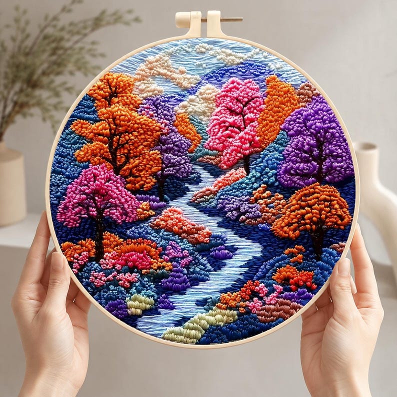 3D forest river embroidery kit close-up