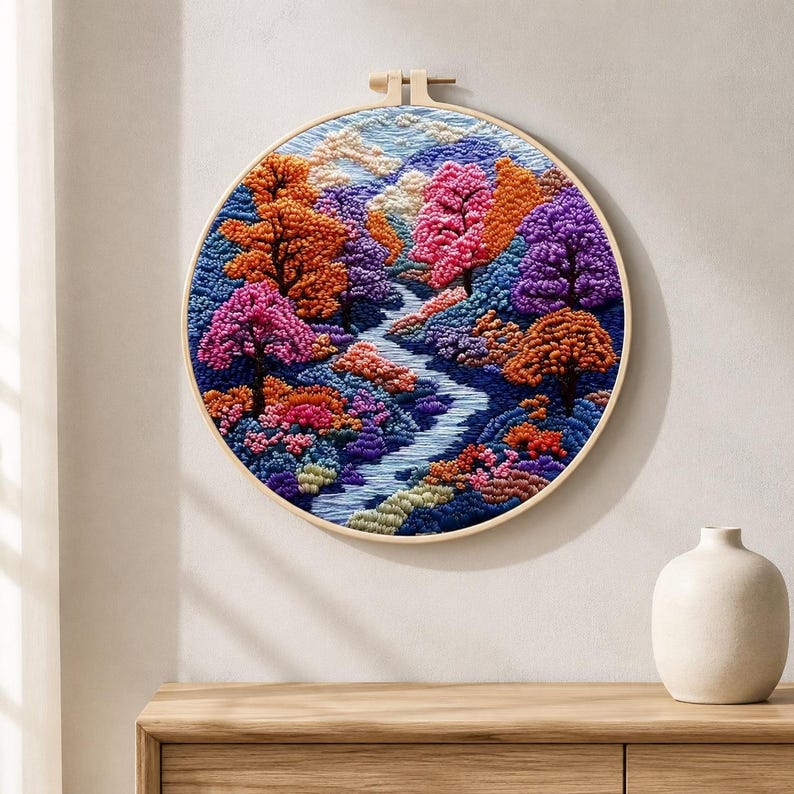 3D forest river embroidery kit texture detail