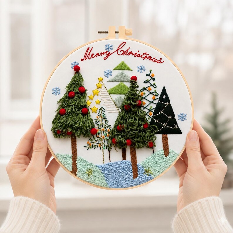 Christmas Tree Embroidery Kit for Beginners, Winter Forest DIY Needlework Set, 20 cm Holiday Craft G