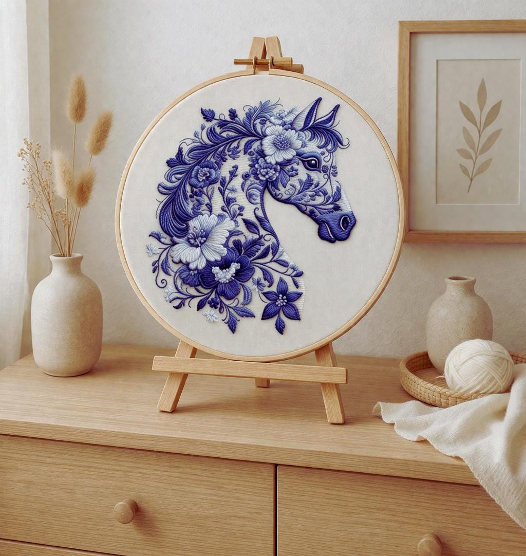 Blue Floral Horse Embroidery Kit