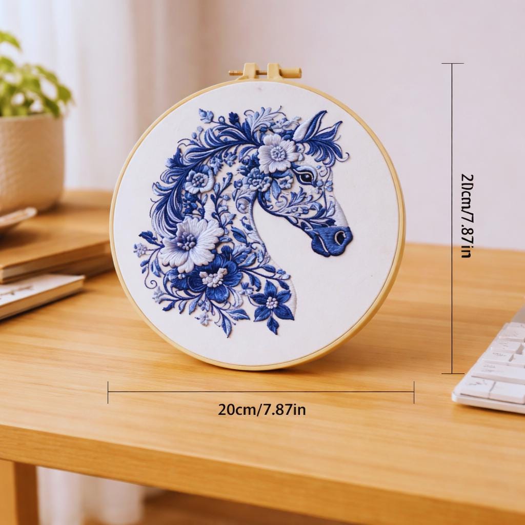 Blue Floral Horse Embroidery Kit
