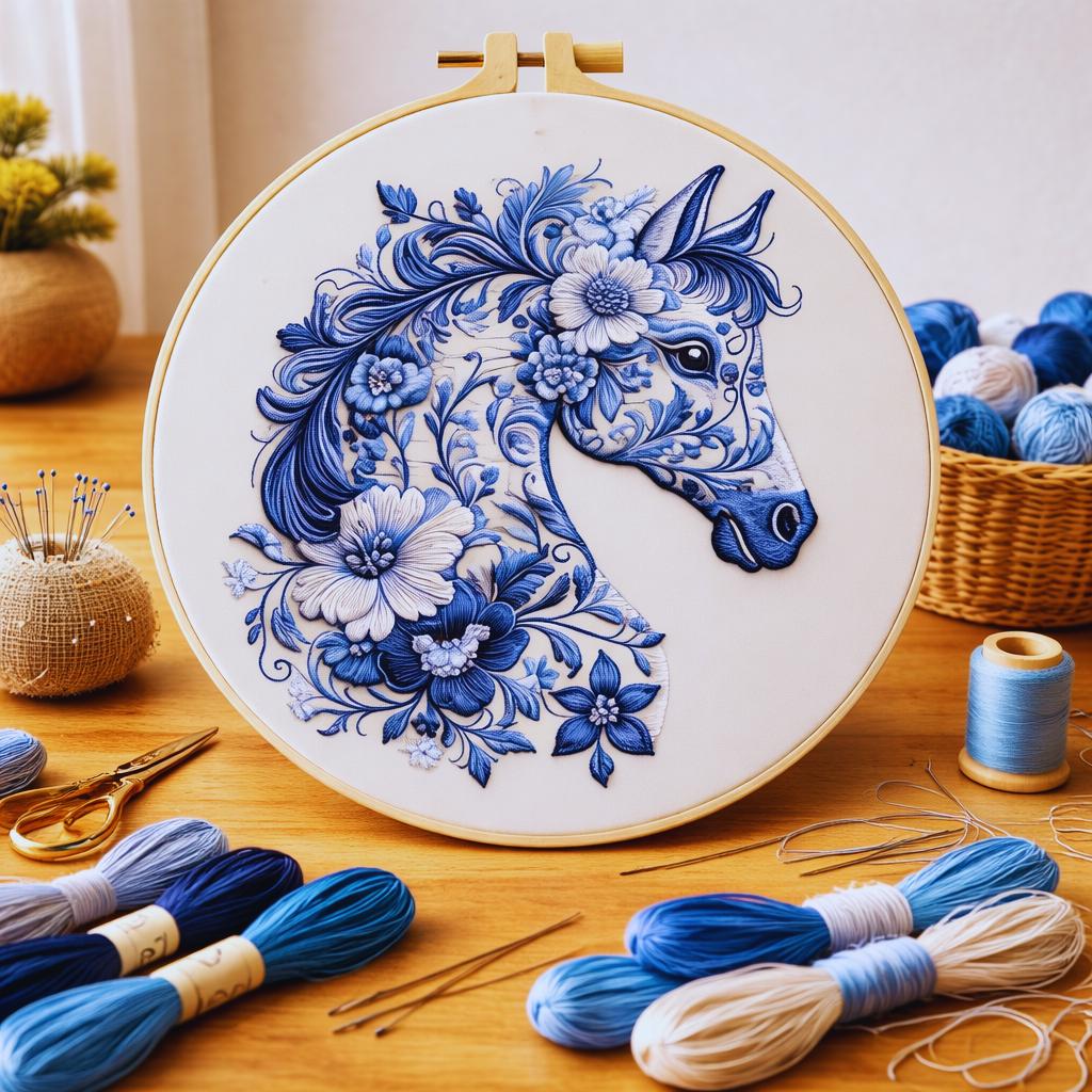 Blue Floral Horse Embroidery Kit