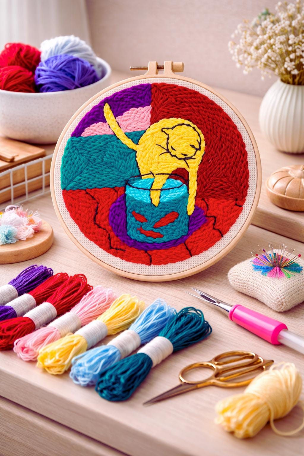 Floral Cat Punch Needle Kit