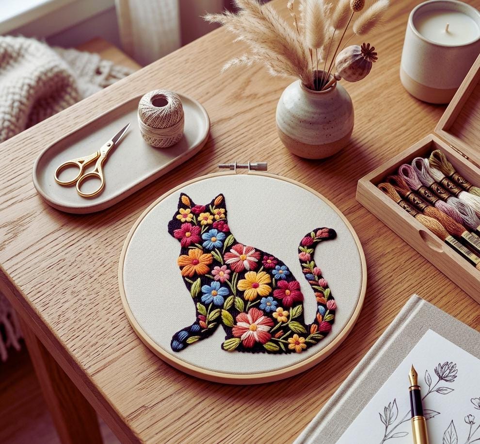 Floral Cat Embroidery Kit