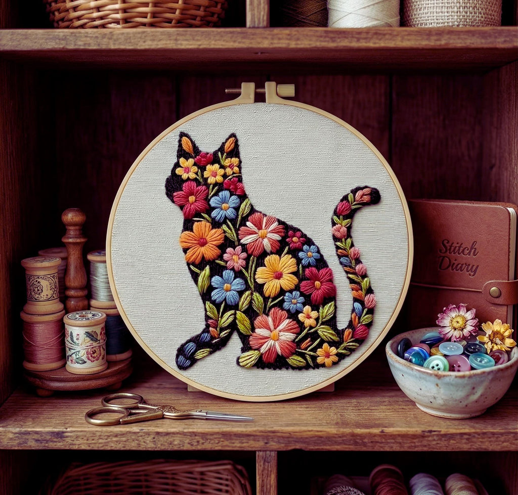 Floral Cat Embroidery Kit