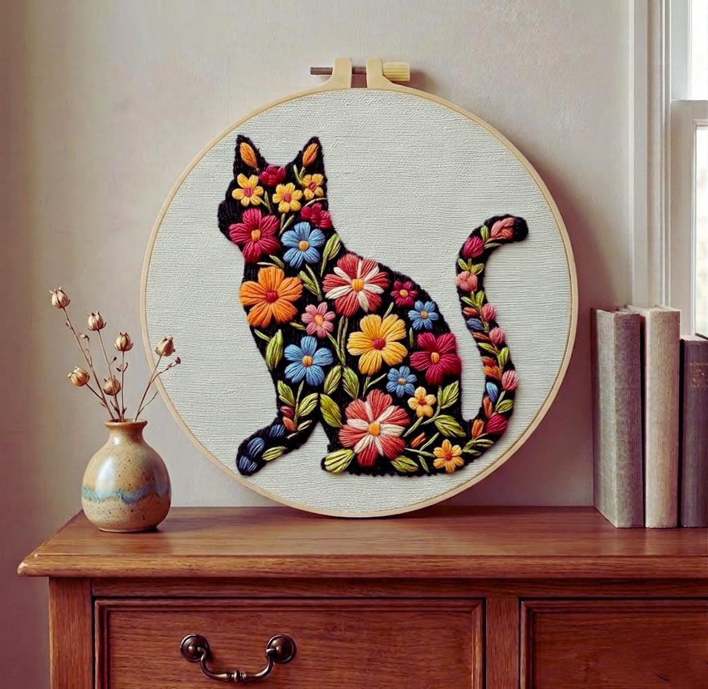 Floral Cat Embroidery Kit