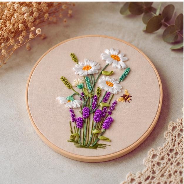 Floral Ribbon Embroidery Kit – Sunflower & Daisy Design, DIY Beginner Hoop Art, Craft Kit Gift