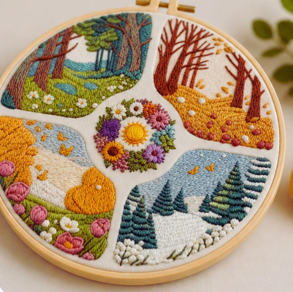 Four Seasons Embroidery Kit, Beginner Nature Landscape DIY Hoop Art, Cottagecore Botanical Needlecraft