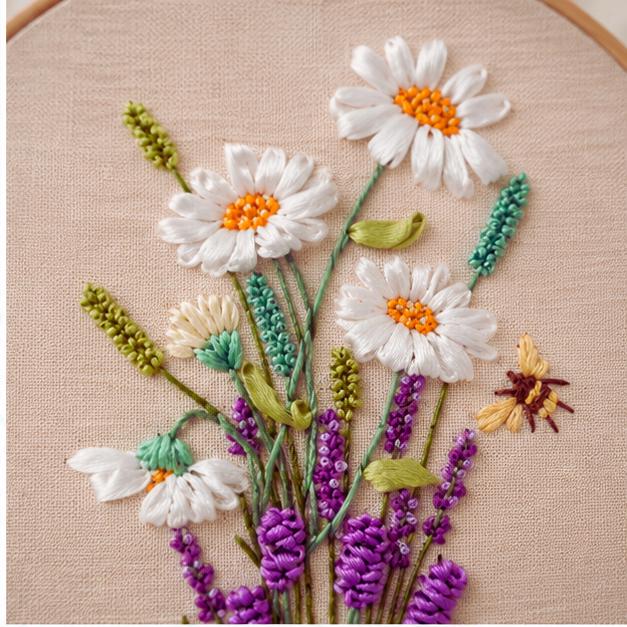 Floral Ribbon Embroidery Kit – Sunflower & Daisy Design, DIY Beginner Hoop Art, Craft Kit Gift