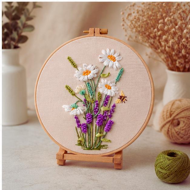 Floral Ribbon Embroidery Kit – Sunflower & Daisy Design, DIY Beginner Hoop Art, Craft Kit Gift