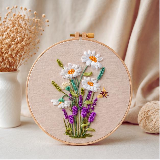 Floral Ribbon Embroidery Kit – Sunflower & Daisy Design, DIY Beginner Hoop Art, Craft Kit Gift