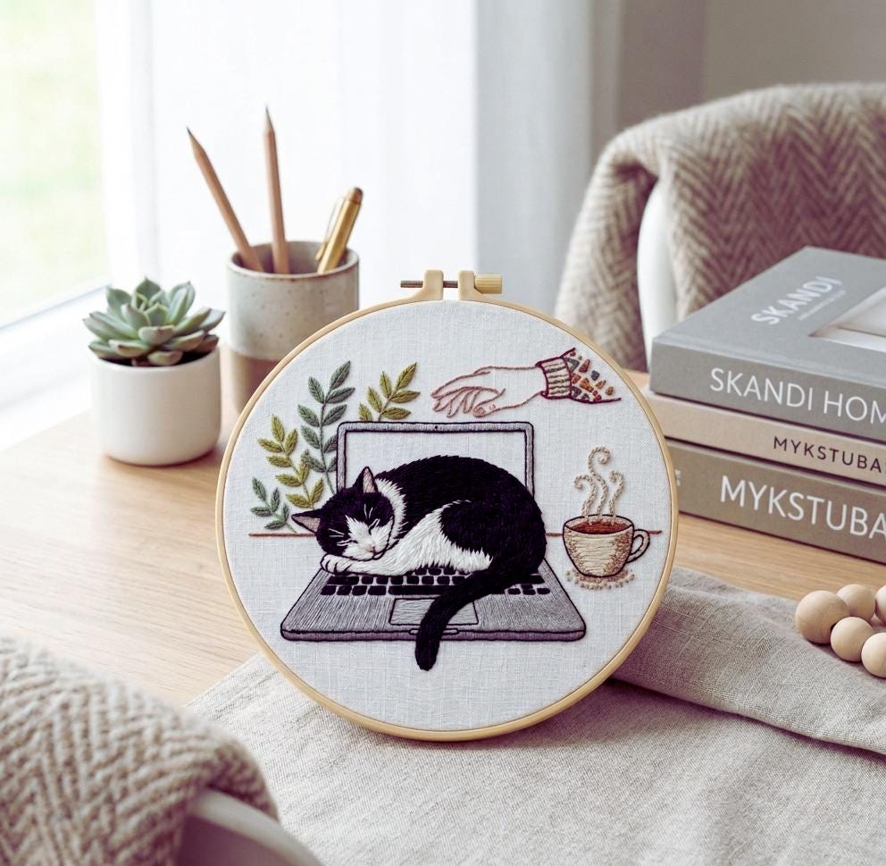 Sleeping Cat Embroidery Kit, Cozy Laptop Scene, Beginner Hand Stitch Pattern, Home Office Decor