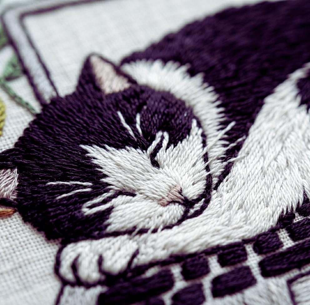 Sleeping Cat Embroidery Kit, Cozy Laptop Scene, Beginner Hand Stitch Pattern, Home Office Decor
