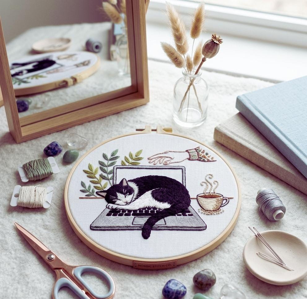 Sleeping Cat Embroidery Kit, Cozy Laptop Scene, Beginner Hand Stitch Pattern, Home Office Decor