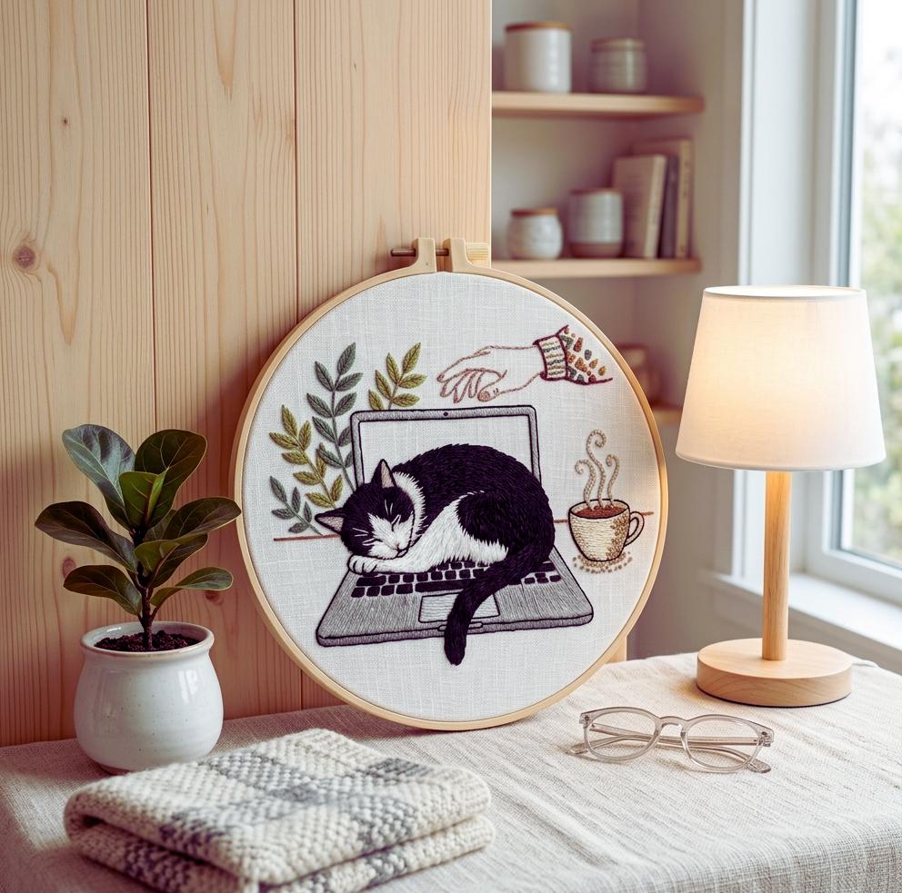 Sleeping Cat Embroidery Kit, Cozy Laptop Scene, Beginner Hand Stitch Pattern, Home Office Decor