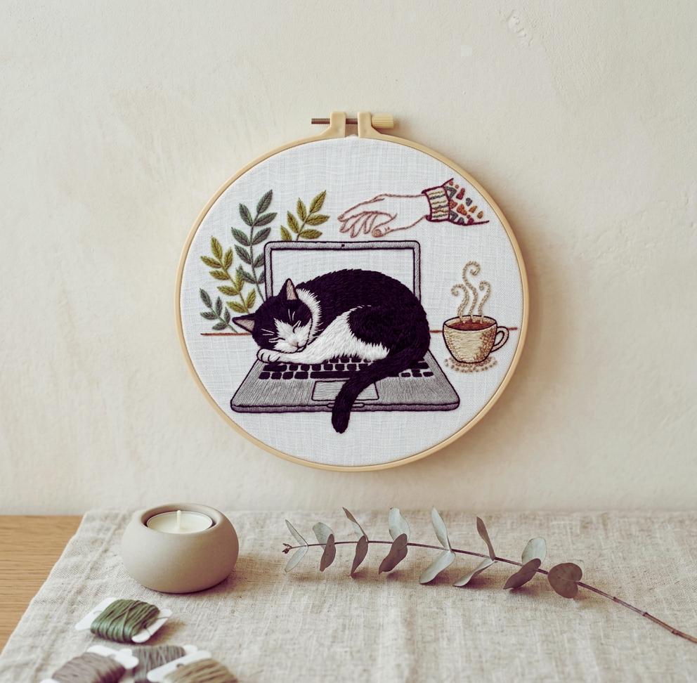 Sleeping Cat Embroidery Kit, Cozy Laptop Scene, Beginner Hand Stitch Pattern, Home Office Decor