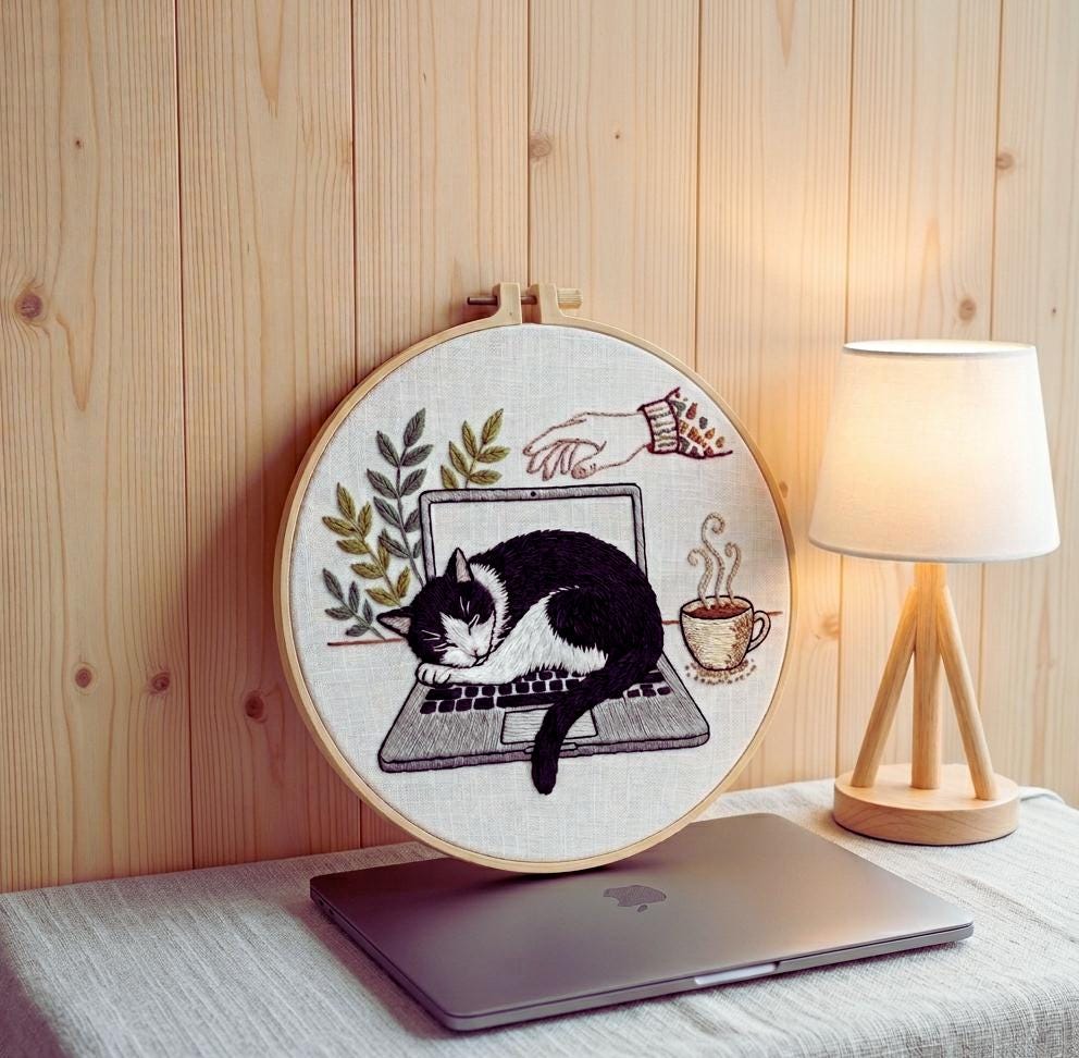 Sleeping Cat Embroidery Kit, Cozy Laptop Scene, Beginner Hand Stitch Pattern, Home Office Decor