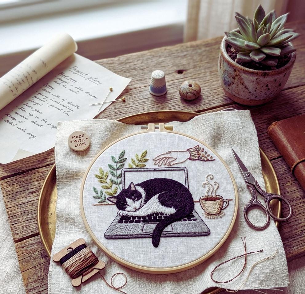 Sleeping Cat Embroidery Kit, Cozy Laptop Scene, Beginner Hand Stitch Pattern, Home Office Decor
