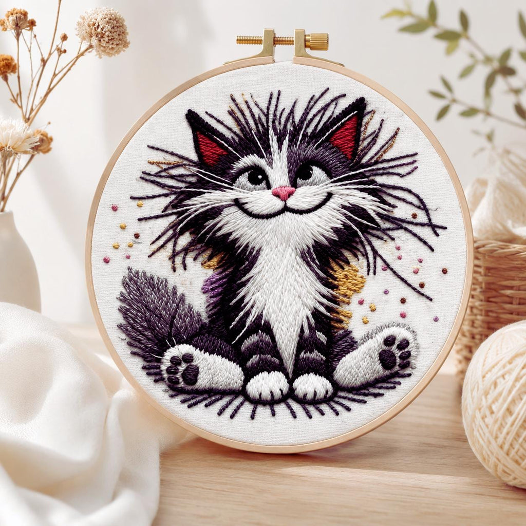 Fluffy Cat Embroidery Kit, Beginner Needlepoint Craft, Whimsical Animal Hoop Art