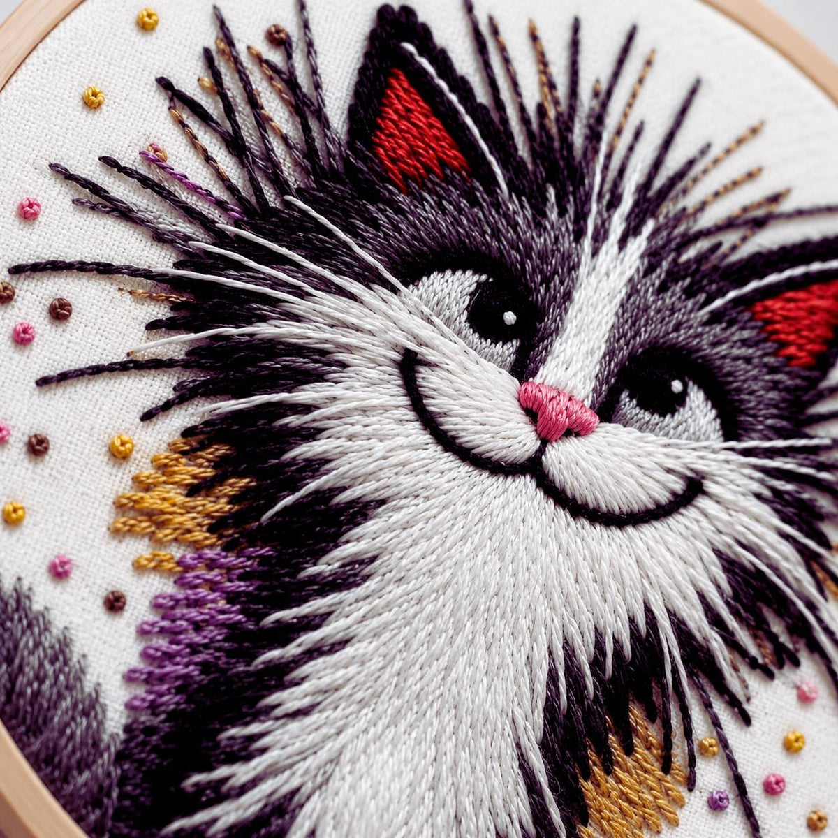 Fluffy Cat Embroidery Kit, Beginner Needlepoint Craft, Whimsical Animal Hoop Art