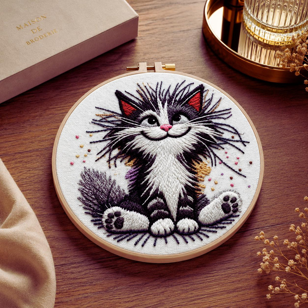 Fluffy Cat Embroidery Kit, Beginner Needlepoint Craft, Whimsical Animal Hoop Art