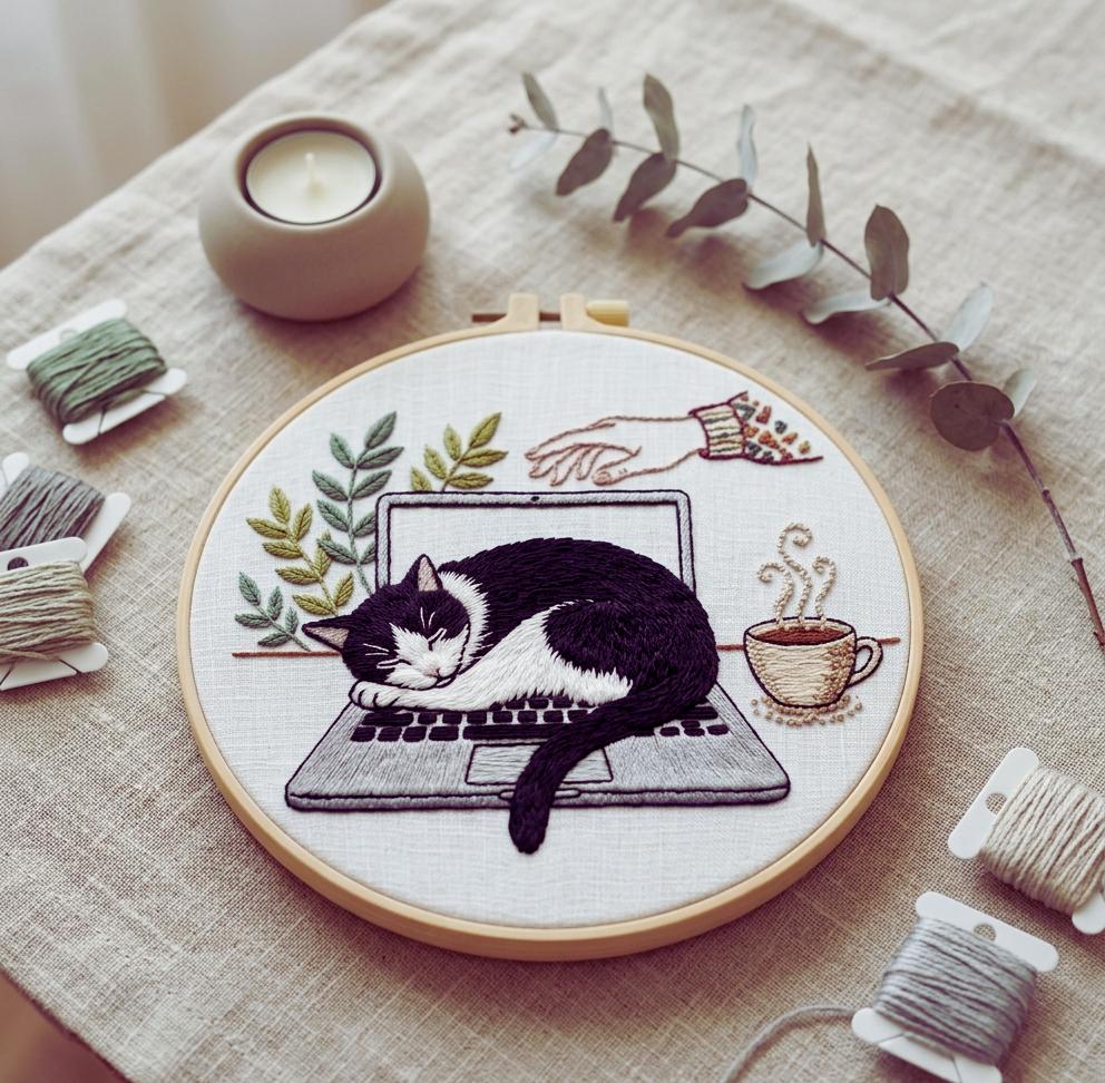 Sleeping Cat Embroidery Kit, Cozy Laptop Scene, Beginner Hand Stitch Pattern, Home Office Decor