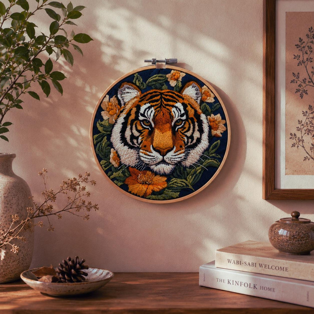 Tiger Floral Embroidery Kit, Wildlife Needlework Craft Set, Beginner DIY Jungle Animal