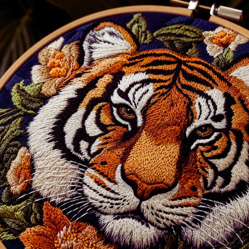 Tiger Floral Embroidery Kit, Wildlife Needlework Craft Set, Beginner DIY Jungle Animal