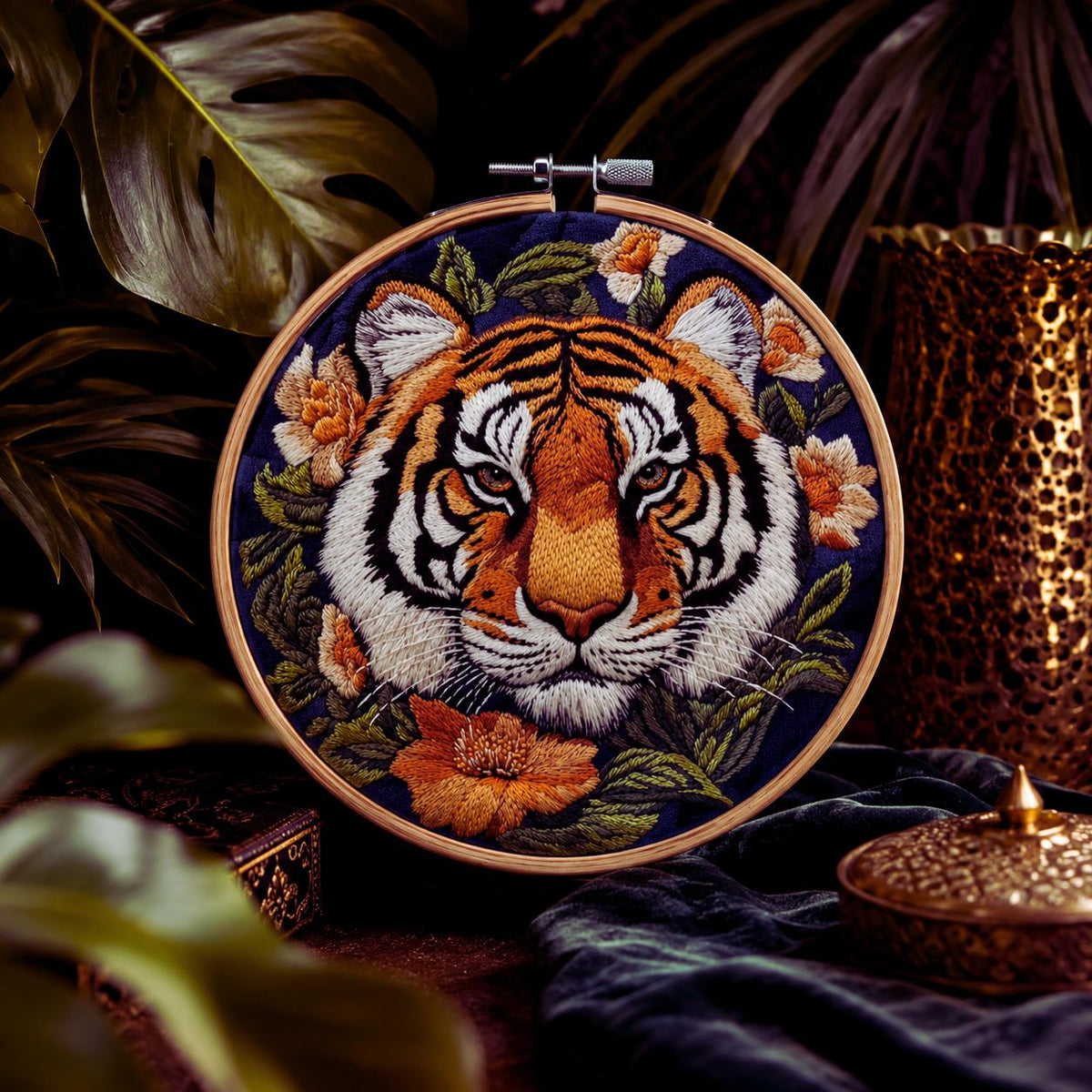 Tiger Floral Embroidery Kit, Wildlife Needlework Craft Set, Beginner DIY Jungle Animal