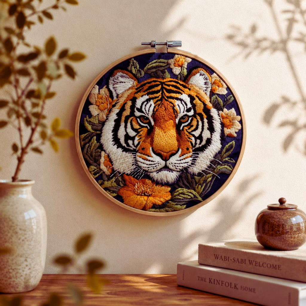 Tiger Floral Embroidery Kit, Wildlife Needlework Craft Set, Beginner DIY Jungle Animal
