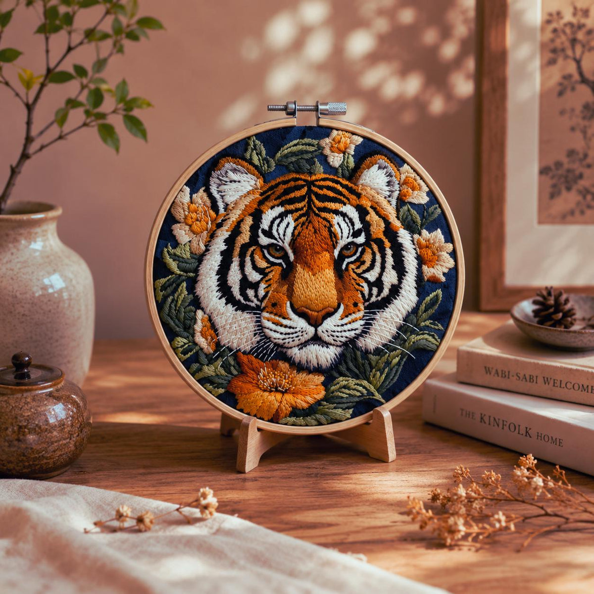 Tiger Floral Embroidery Kit, Wildlife Needlework Craft Set, Beginner DIY Jungle Animal