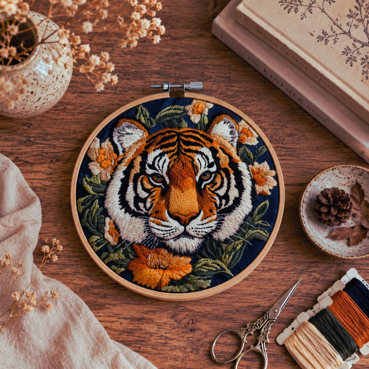 Tiger Floral Embroidery Kit, Wildlife Needlework Craft Set, Beginner DIY Jungle Animal