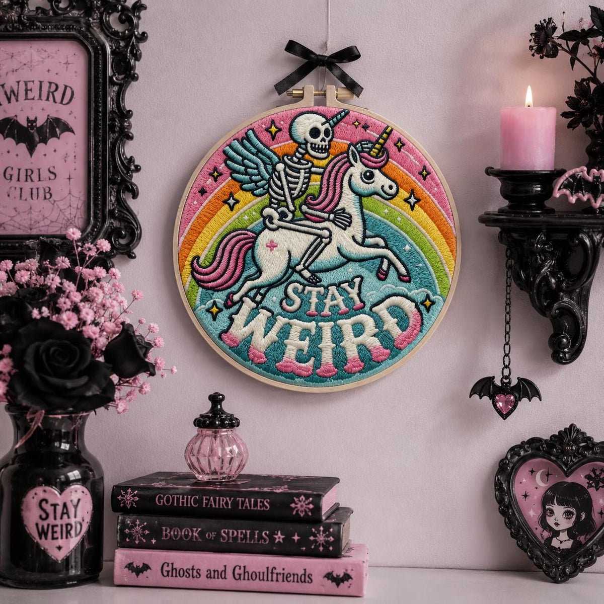 Skeleton Unicorn Embroidery Kit for Beginners, Stay Weird DIY Embroidery Kit, Gothic Rainbow Needlepoint Kit, Cute Punk Craft Gift