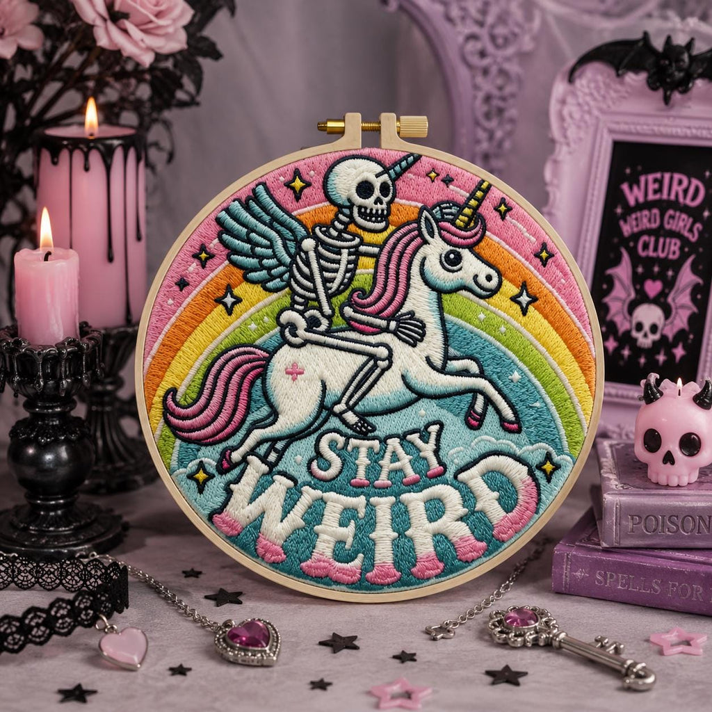 Skeleton Unicorn Embroidery Kit for Beginners, Stay Weird DIY Embroidery Kit, Gothic Rainbow Needlepoint Kit, Cute Punk Craft Gift