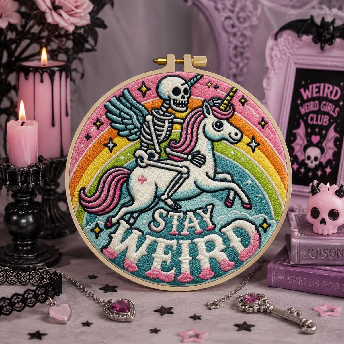 Skeleton Unicorn Embroidery Kit for Beginners, Stay Weird DIY Embroidery Kit, Gothic Rainbow Needlepoint Kit, Cute Punk Craft Gift