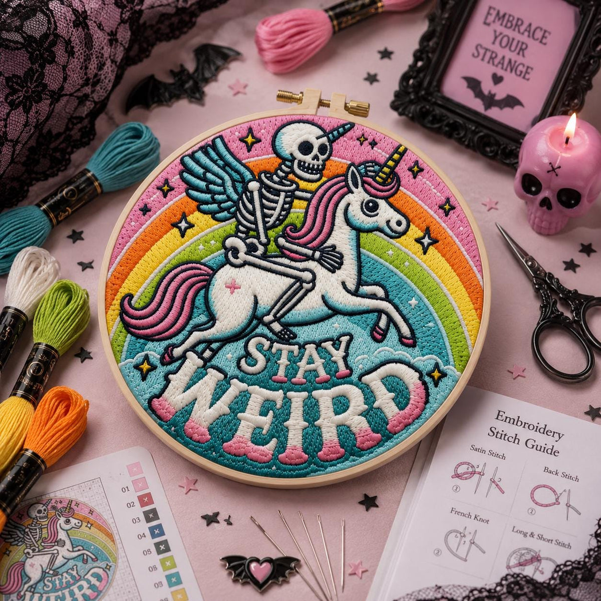 Skeleton Unicorn Embroidery Kit for Beginners, Stay Weird DIY Embroidery Kit, Gothic Rainbow Needlepoint Kit, Cute Punk Craft Gift