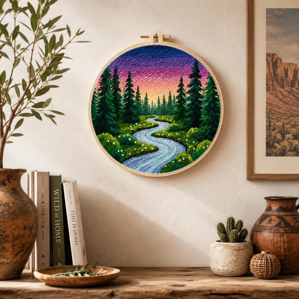 Desert Sunset Punch Needle Kit, Southwestern Cactus DIY Craft, Beginner Friendly (20x20cm Hoop)