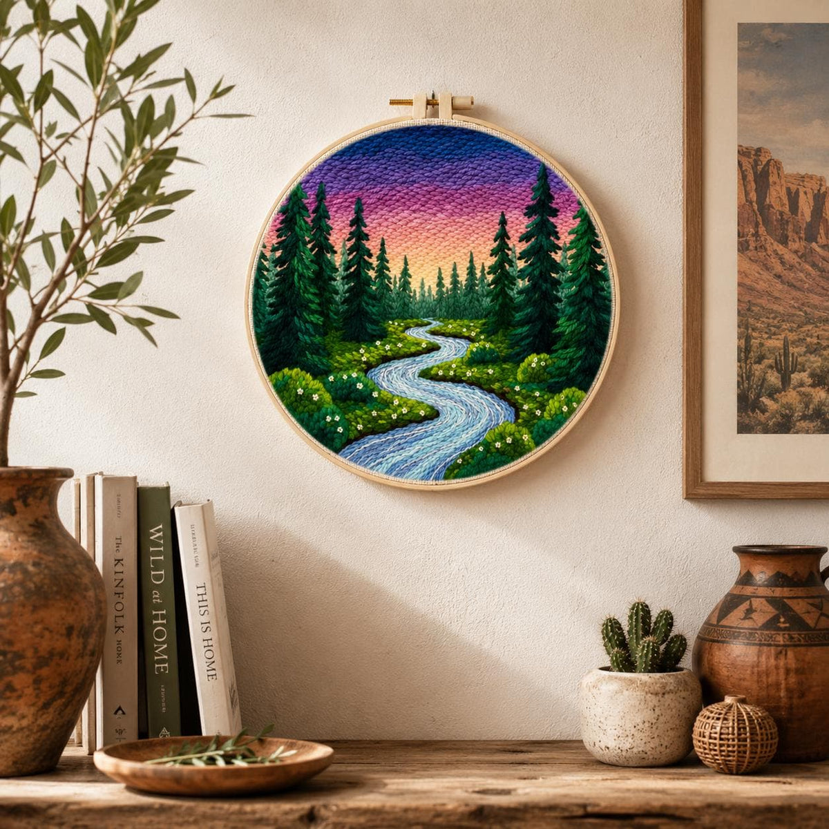 Desert Sunset Punch Needle Kit, Southwestern Cactus DIY Craft, Beginner Friendly (20x20cm Hoop)