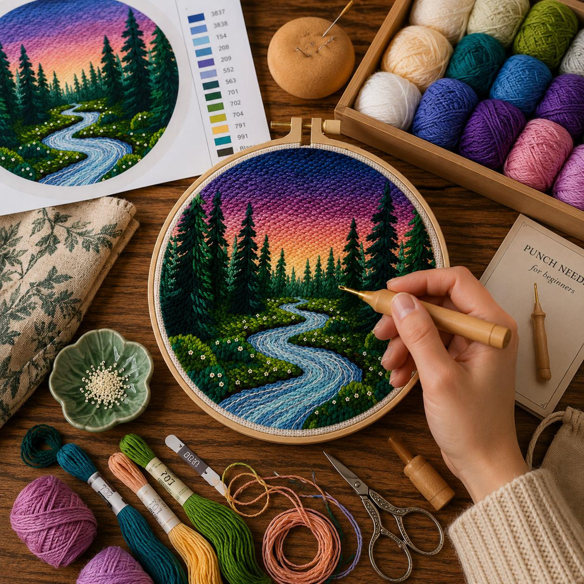 Desert Sunset Punch Needle Kit, Southwestern Cactus DIY Craft, Beginner Friendly (20x20cm Hoop)