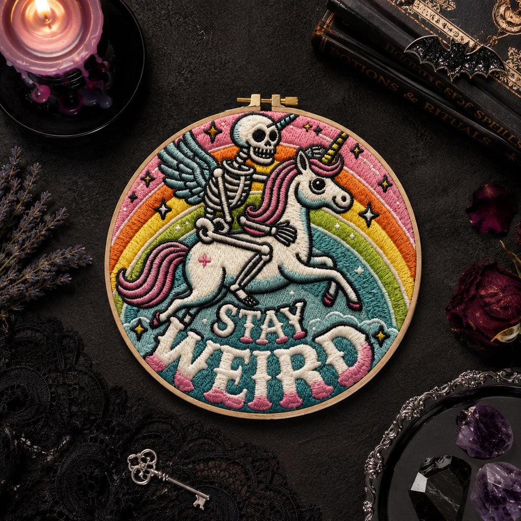 Skeleton Unicorn Embroidery Kit for Beginners, Stay Weird DIY Embroidery Kit, Gothic Rainbow Needlepoint Kit, Cute Punk Craft Gift