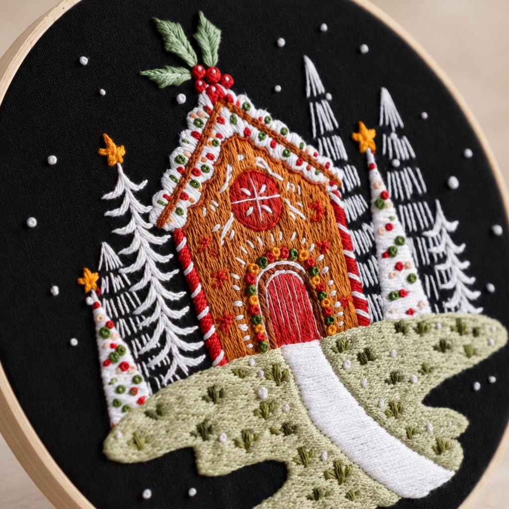 Gingerbread House Embroidery Kit for Beginners, Christmas Winter Scene DIY Needlework Set, 20 cm Holiday Craft Gift for Adults