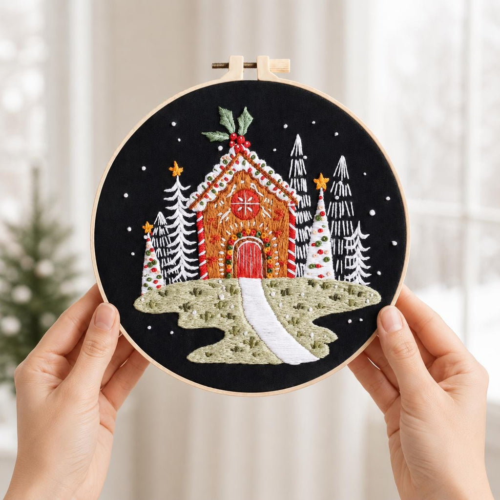 Gingerbread House Embroidery Kit for Beginners, Christmas Winter Scene DIY Needlework Set, 20 cm Holiday Craft Gift for Adults