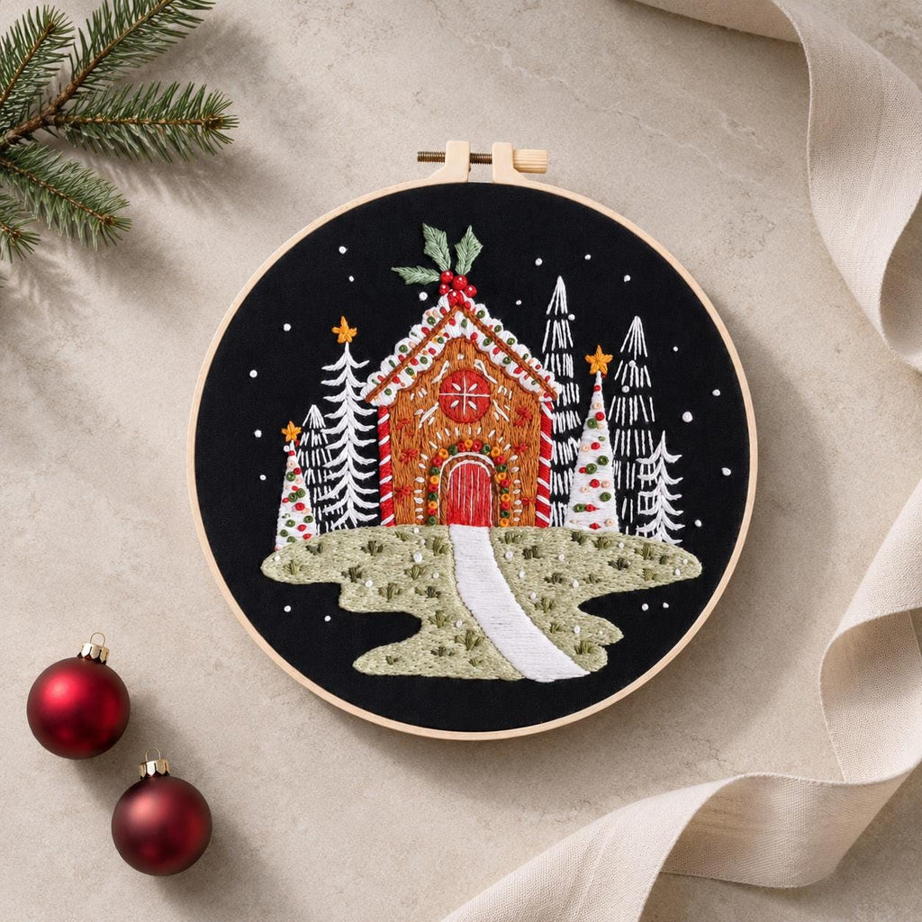 Gingerbread House Embroidery Kit for Beginners, Christmas Winter Scene DIY Needlework Set, 20 cm Holiday Craft Gift for Adults