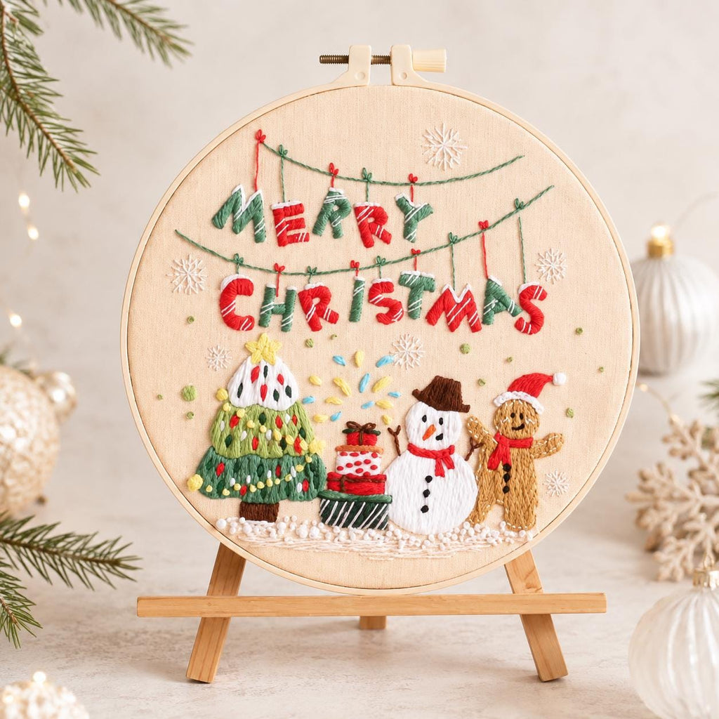 Merry Christmas Embroidery Kit for Beginners, Snowman Gingerbread Man DIY Needlework Set, 20 cm Holiday Craft Gift for Adults