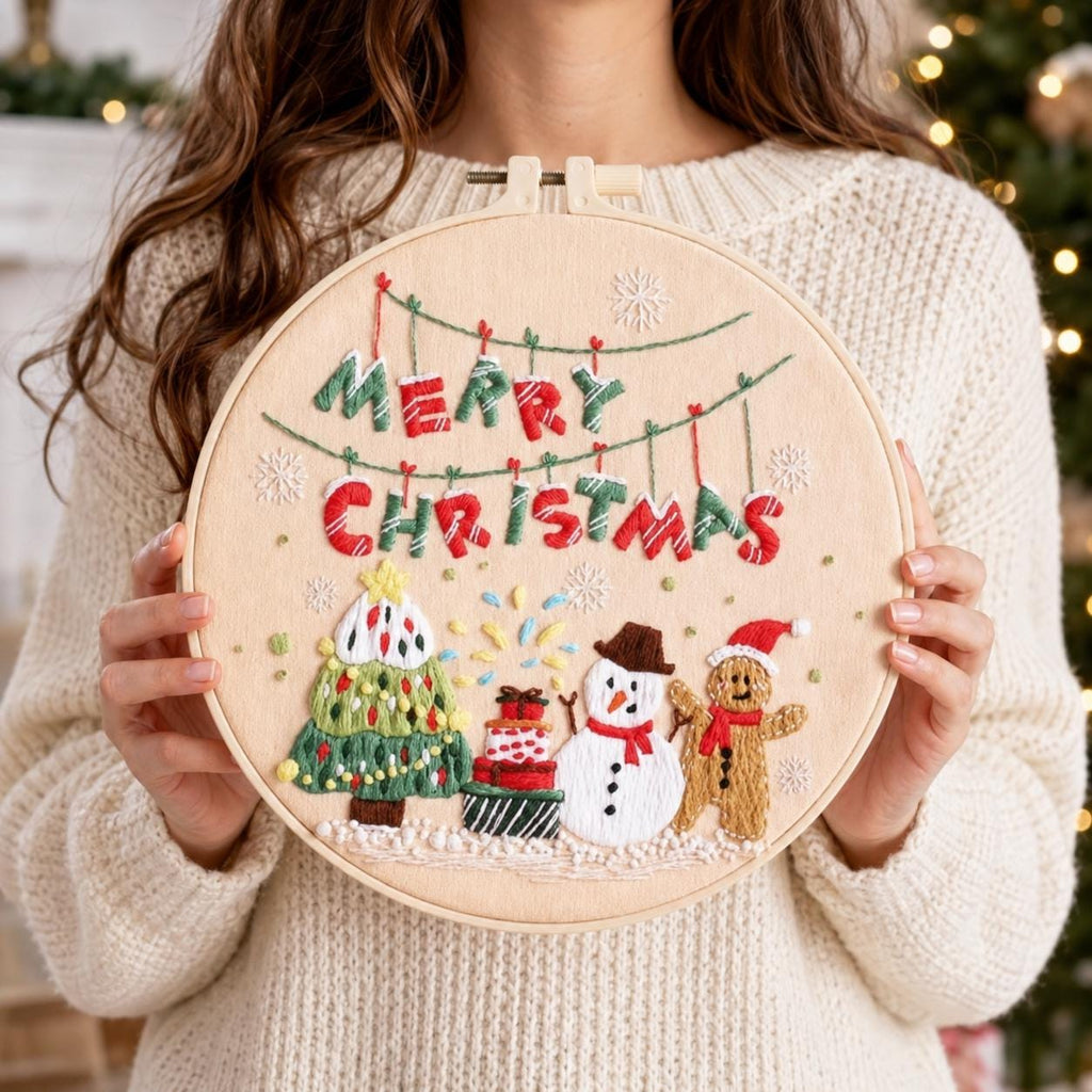 Merry Christmas Embroidery Kit for Beginners, Snowman Gingerbread Man DIY Needlework Set, 20 cm Holiday Craft Gift for Adults