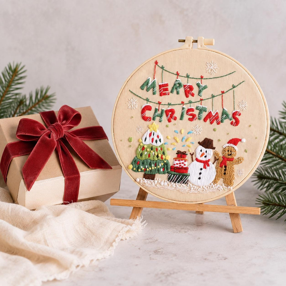Merry Christmas Embroidery Kit for Beginners, Snowman Gingerbread Man DIY Needlework Set, 20 cm Holiday Craft Gift for Adults