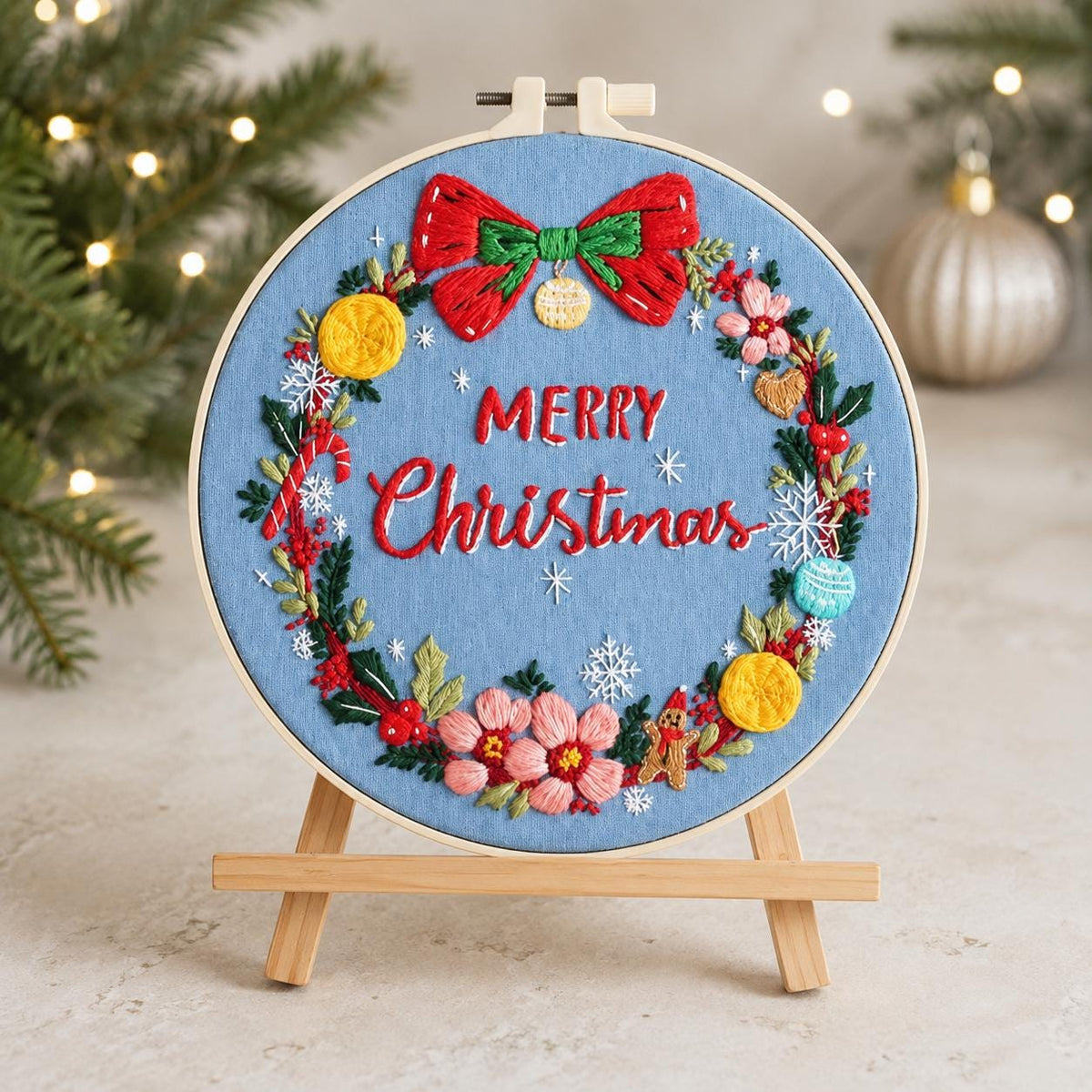 Christmas Wreath Embroidery Kit for Beginners, Merry Christmas DIY Hand Needlework Set, 20 cm Holiday Craft Gift for Adults