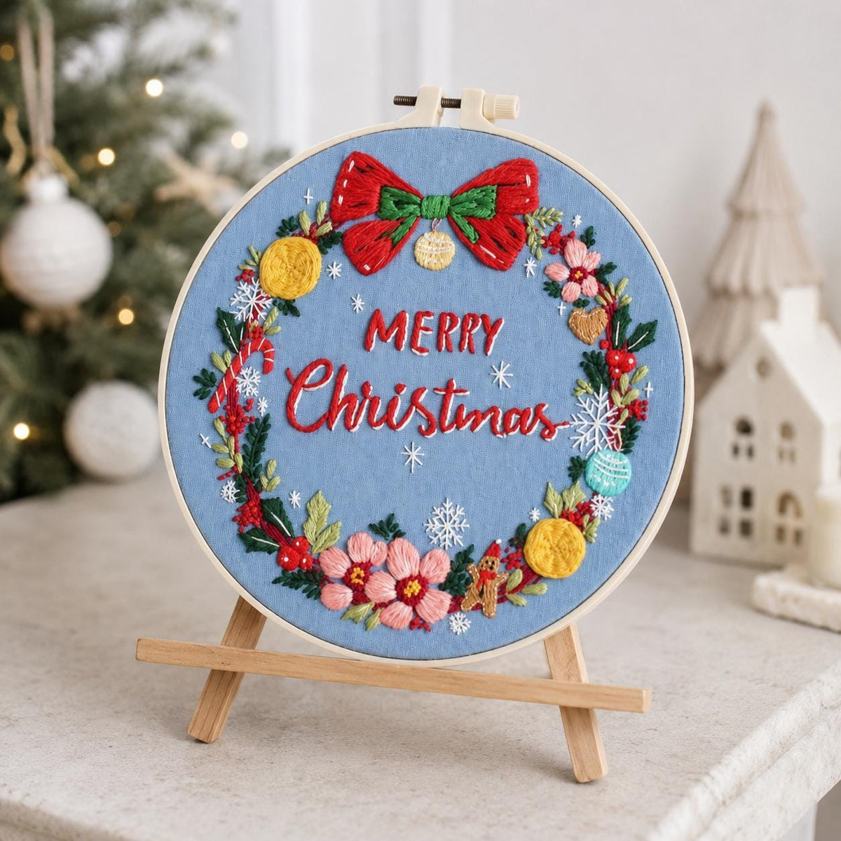 Christmas Wreath Embroidery Kit for Beginners, Merry Christmas DIY Hand Needlework Set, 20 cm Holiday Craft Gift for Adults